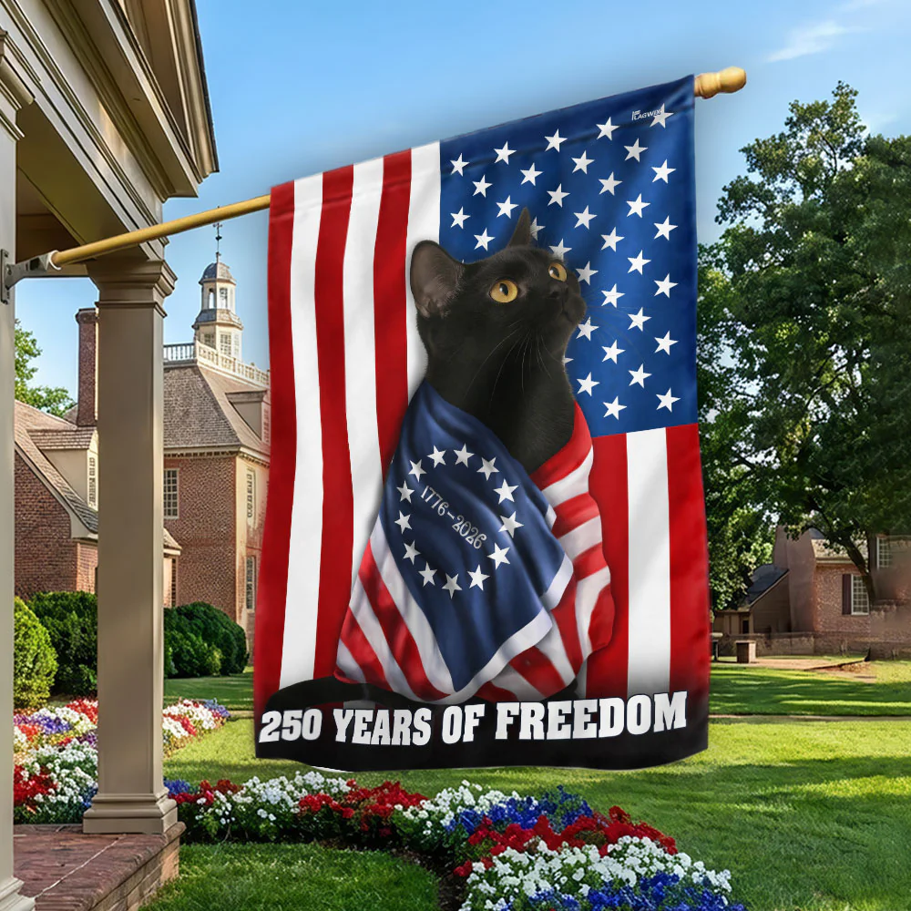 250 Years of Freedom Flag, 1776 2026 Black Cat Wrapped in Glory US Flag
