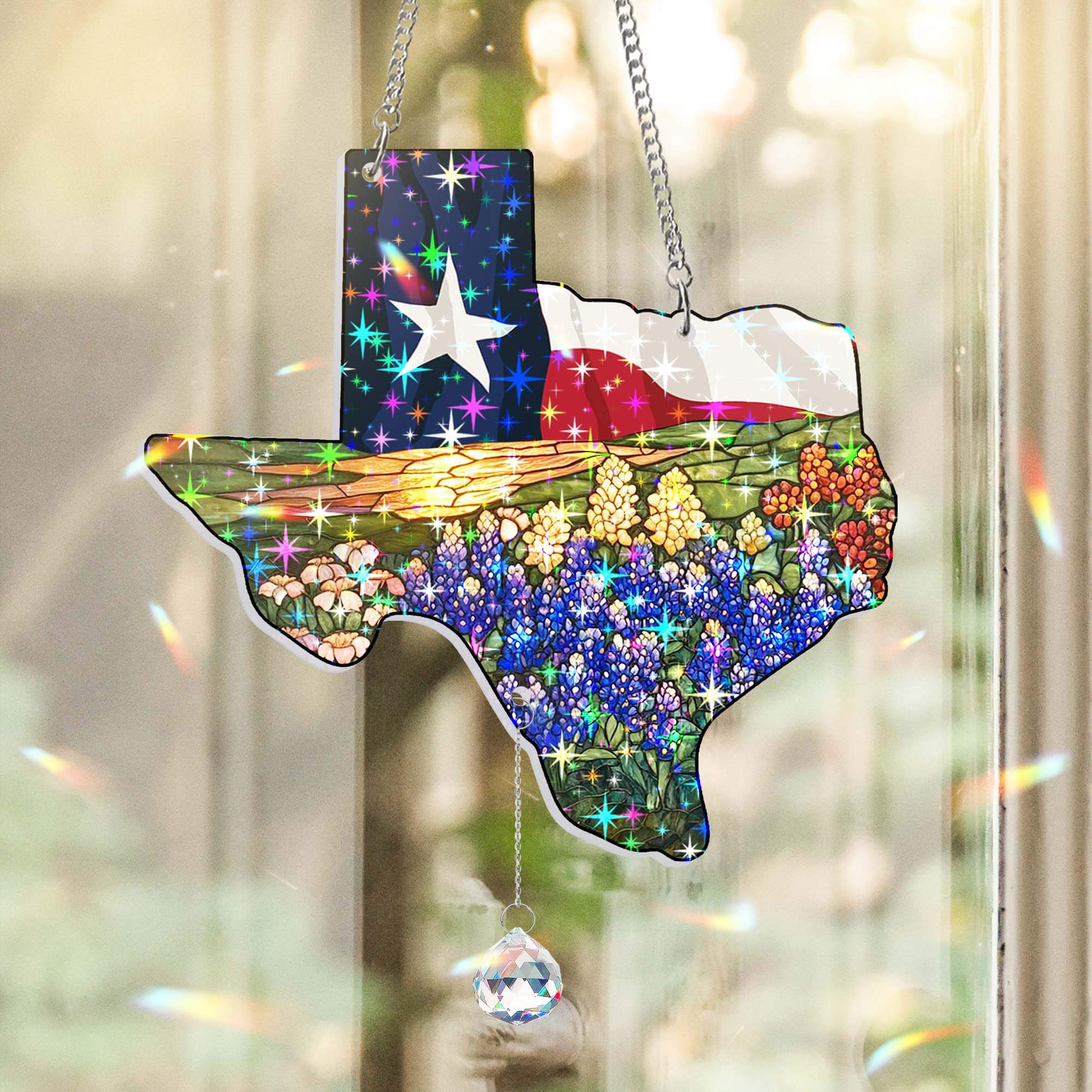 Texas Flag and Bluebonnets Flower Hologram Window Hanging