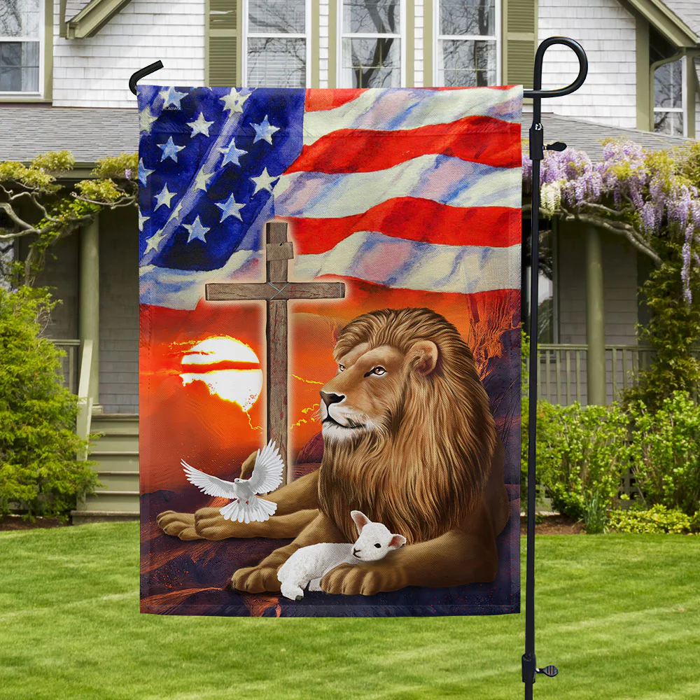 Lion and Lamb Christian Cross American Flag