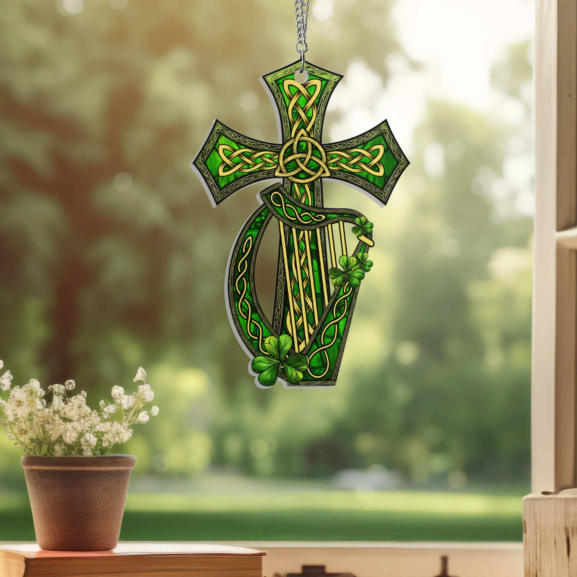 Irish Celtic Cross And Harp Acrylic Suncatcher Hanging Sign