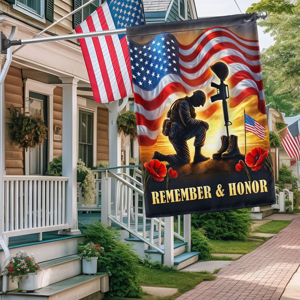 Veterans Day Flag, Memorial Day Remember & Honor Kneeling Solider American Flag