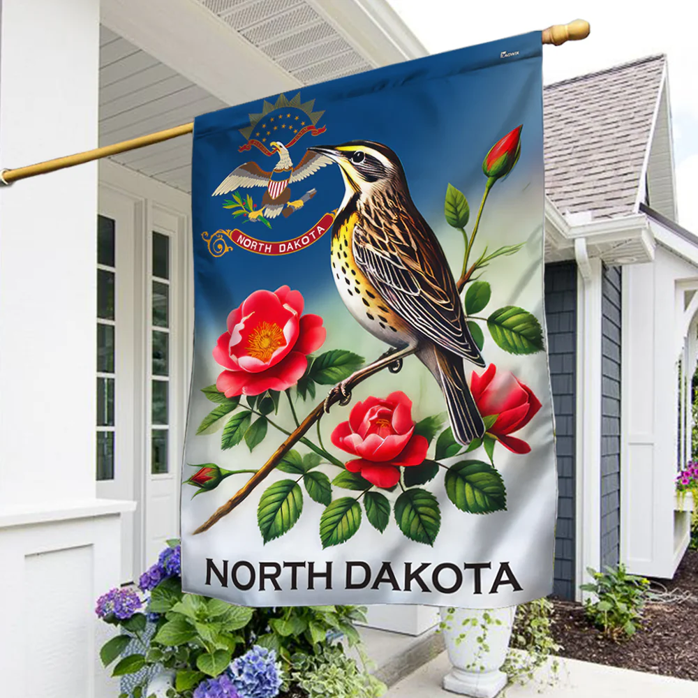 North Dakota Meadowlark Bird and Prairie Rose Flower Flag