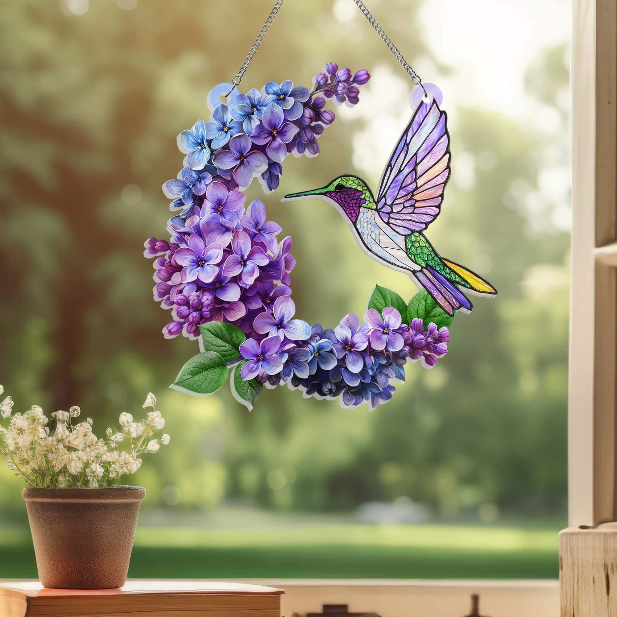 Hummingbird and Lilac Branch  Suncatcher Acrylic Hanging