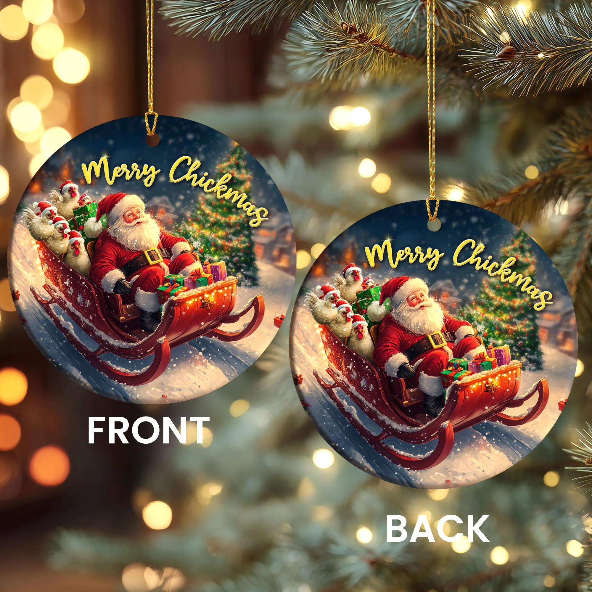 Merry Chickmas Ceramic Ornament, Chicken Santa Sleigh Holiday Tree Farm Decor