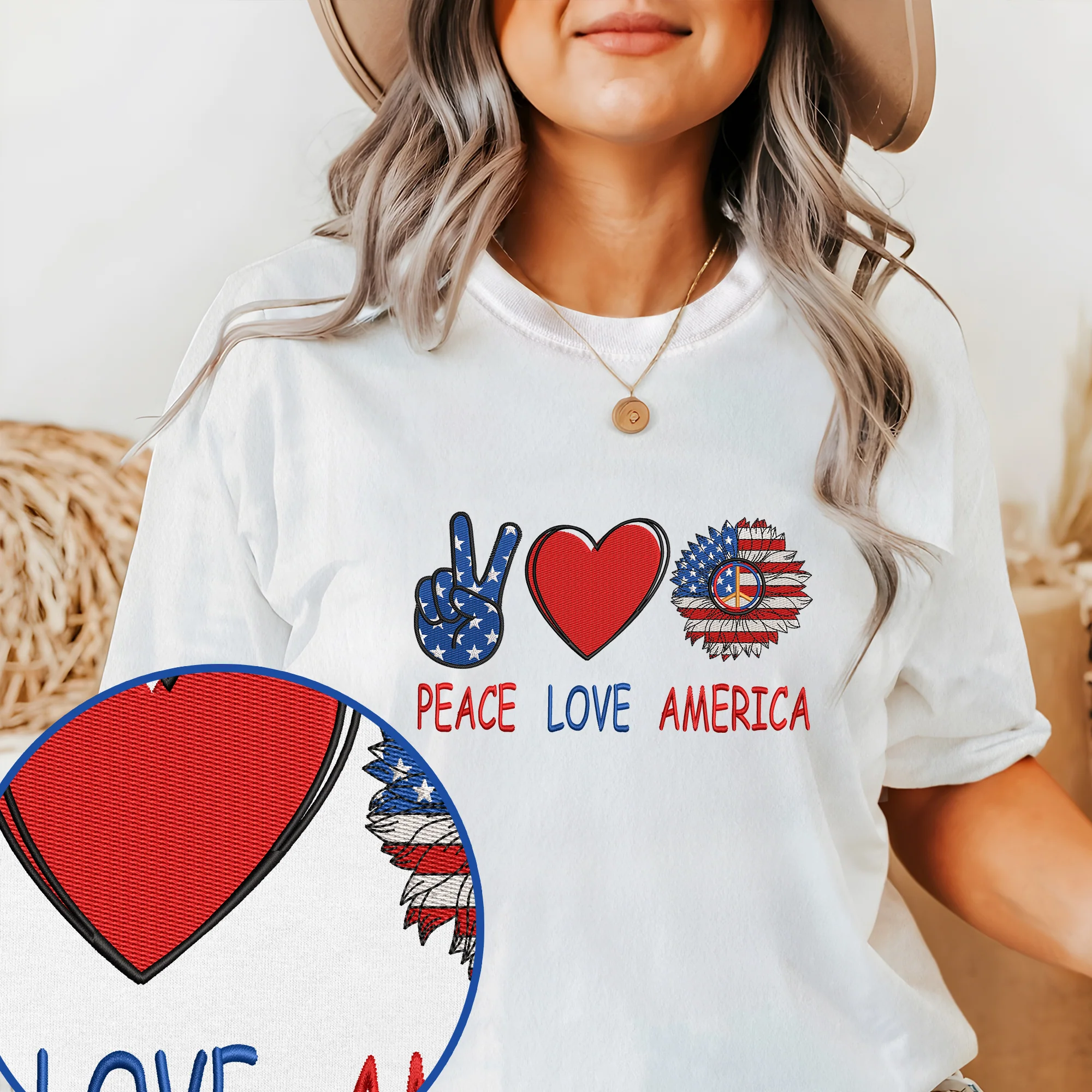 Happy 4th of july, Hippie Peace Love America Embroidered T-Shirt