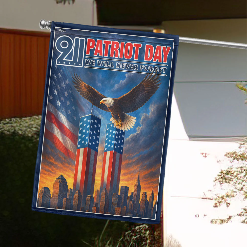 American Flag - We Will Never Forget 9/11 Flag with Twin Towers and Eagle