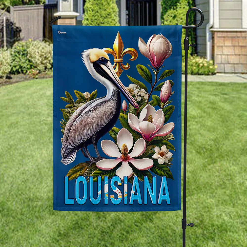 Louisiana Brown Pelican Bird and Magnolia Flower Flag
