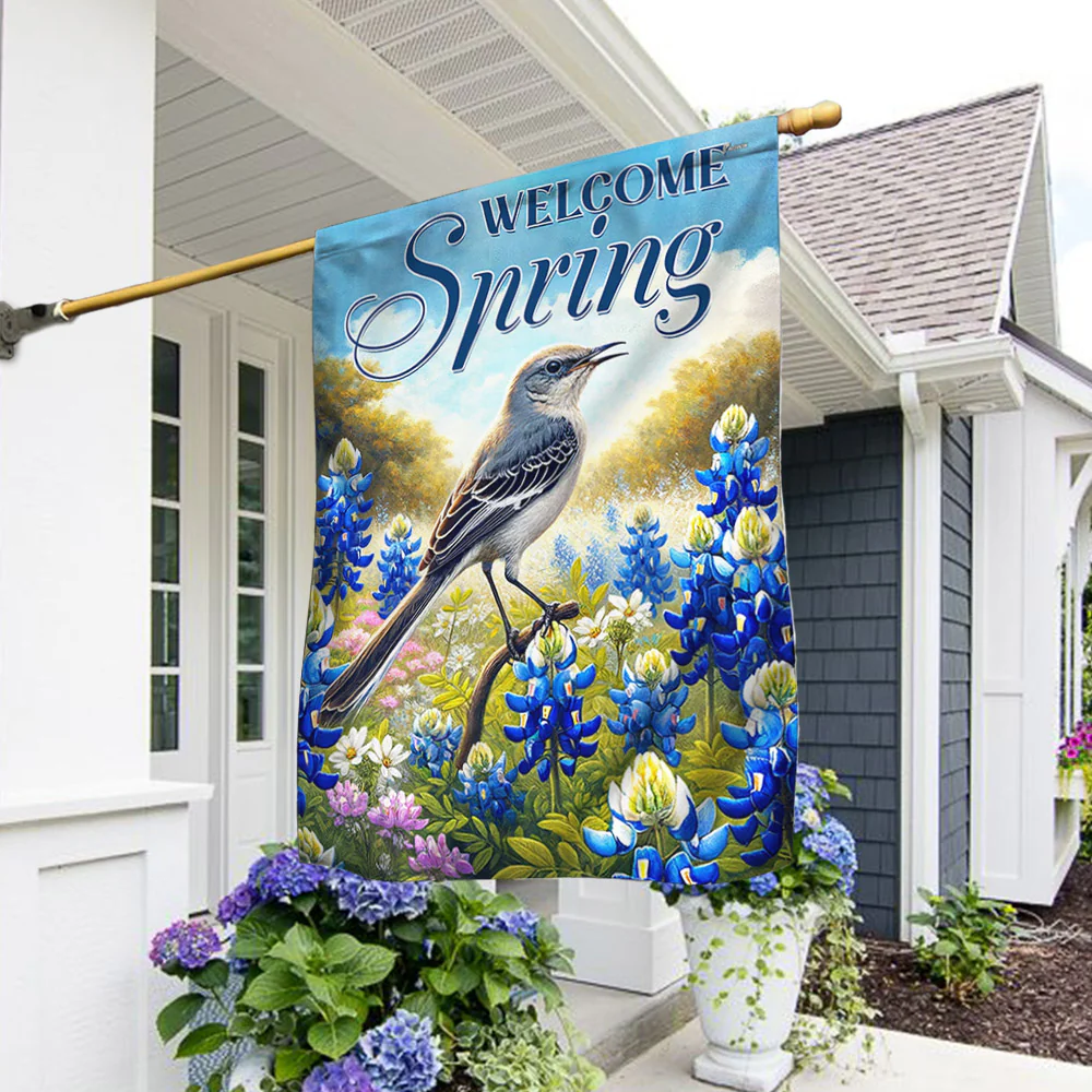 Bimipi Texas Welcome Spring Northern Mockingbird and  Bluebonnet Flag