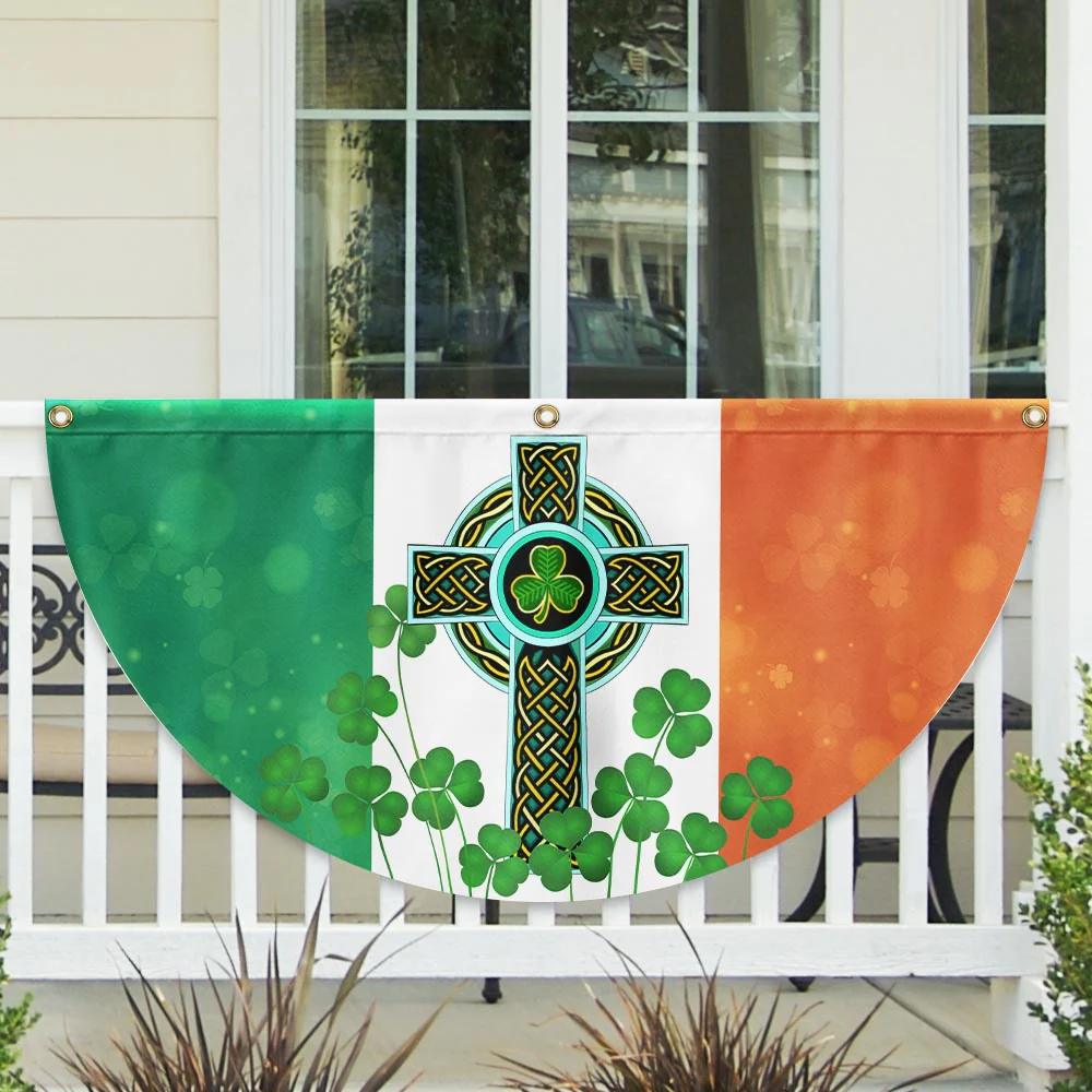 Irish Celtic Knot Cross Shamrocks Non-Pleated Fan Flag