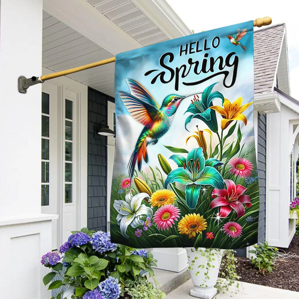 Hello Spring Hummingbird Flag for Outdoor Home Decor, Spring Floral Design