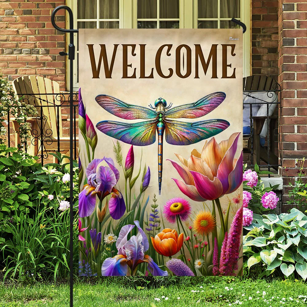 Welcome Spring Dragonfly Flowers Flag for Outdoor Home Decor, Floral Design