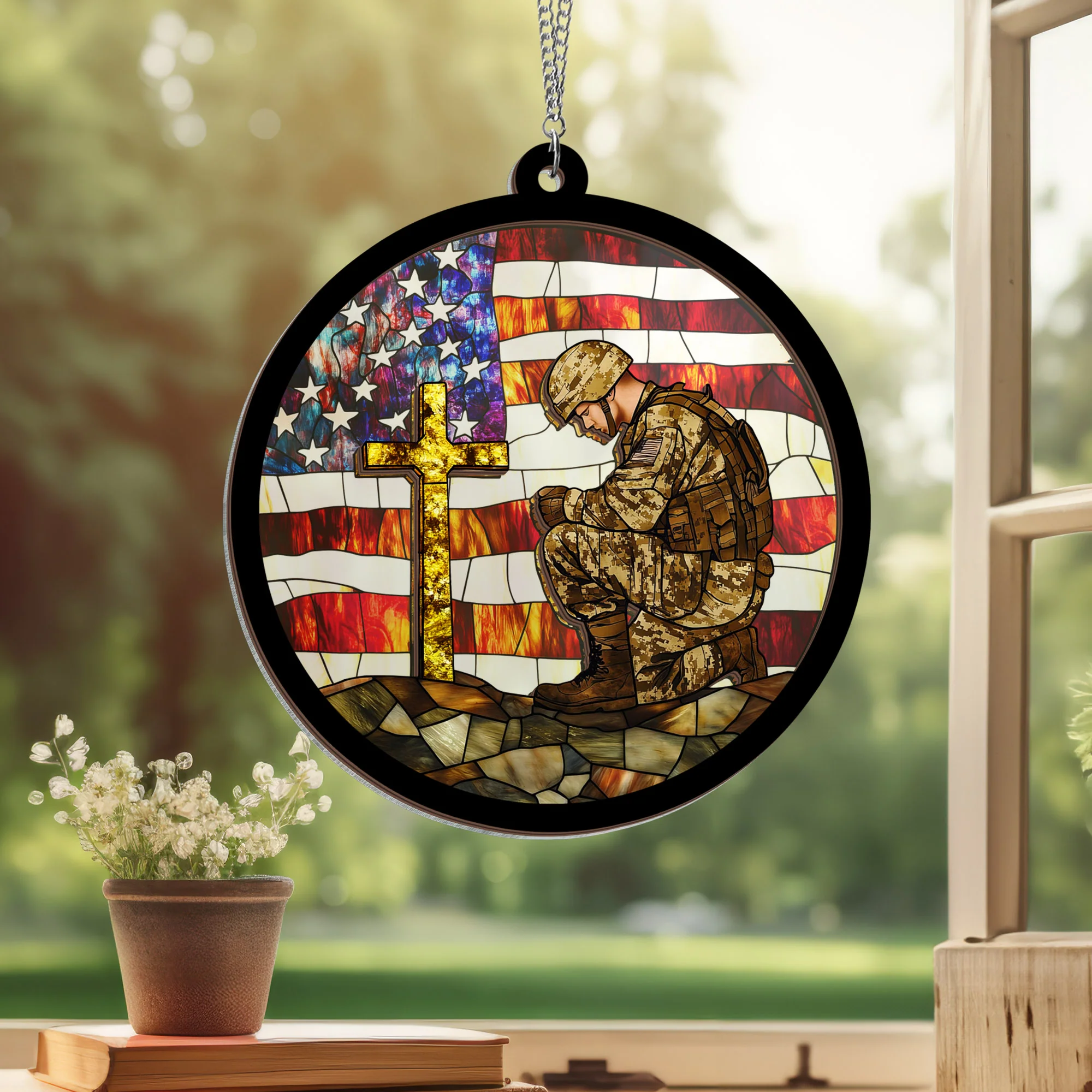 Christmas Ornament, American Flag with Cross Veteran Day 2 Layered Hanging Suncatcher