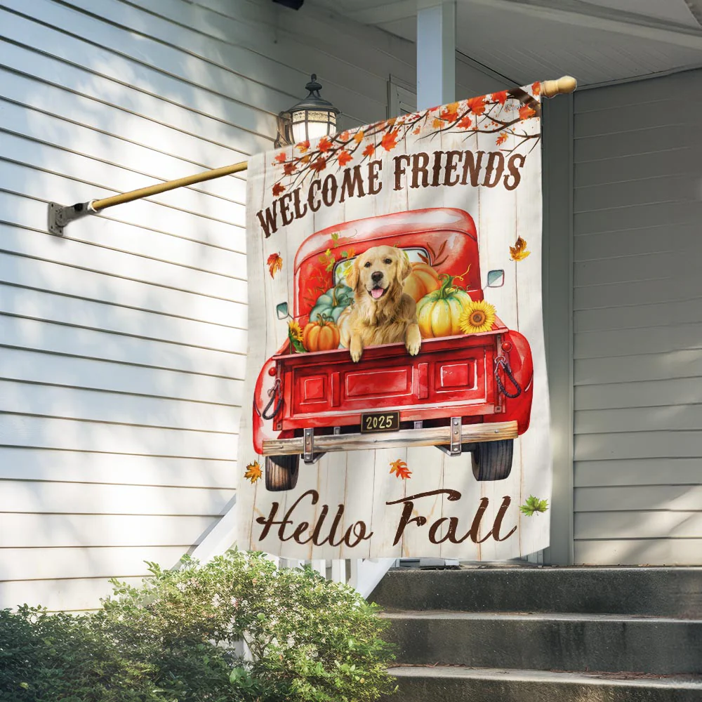 American Flag - Hello Fall Golden Retriever Flag - Double-Sided Canvas for Indoor/Outdoor Decoration
