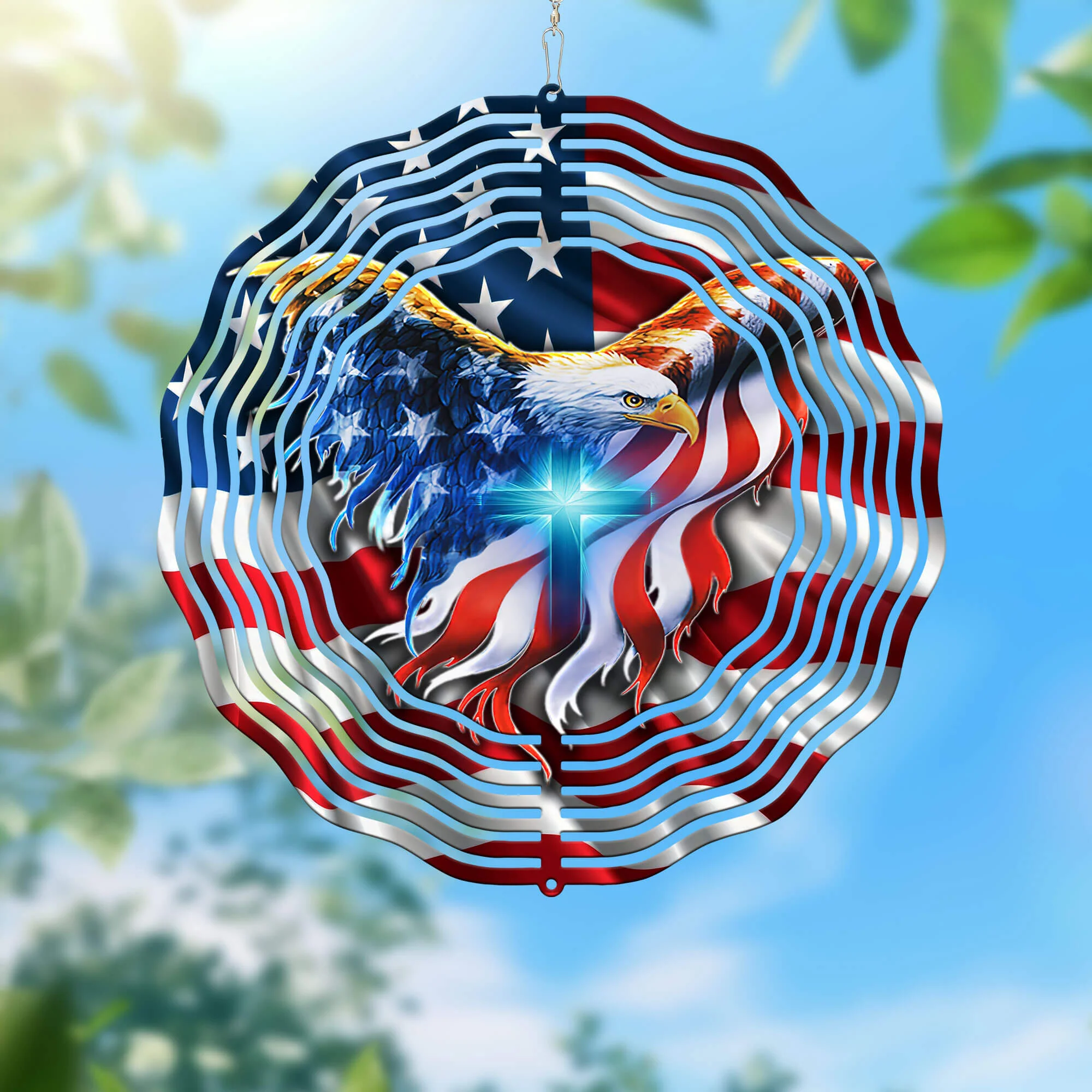 Patriotic Eagle with Christian Cross American Wind Spinner 3-Day Shipping