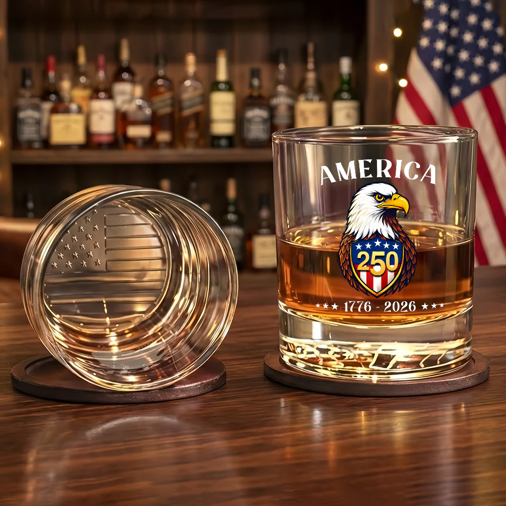 America 250 Years 1776 2026 Eagle Printed Whiskey Old Fashioned Glass