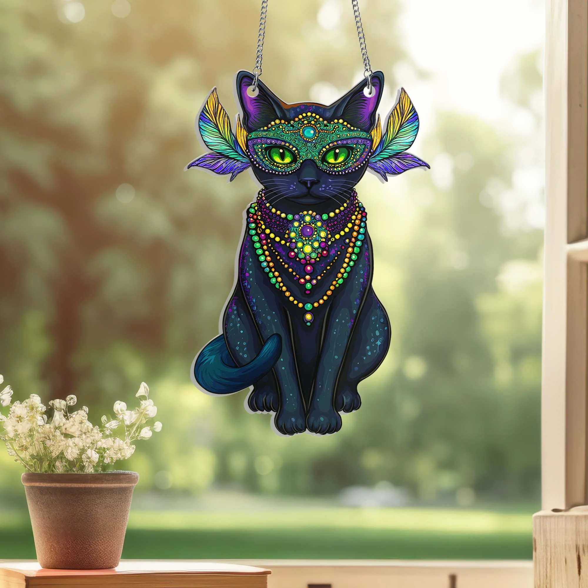 Black Cat Mardi Gras Suncatcher Acrylic Hanging Sign