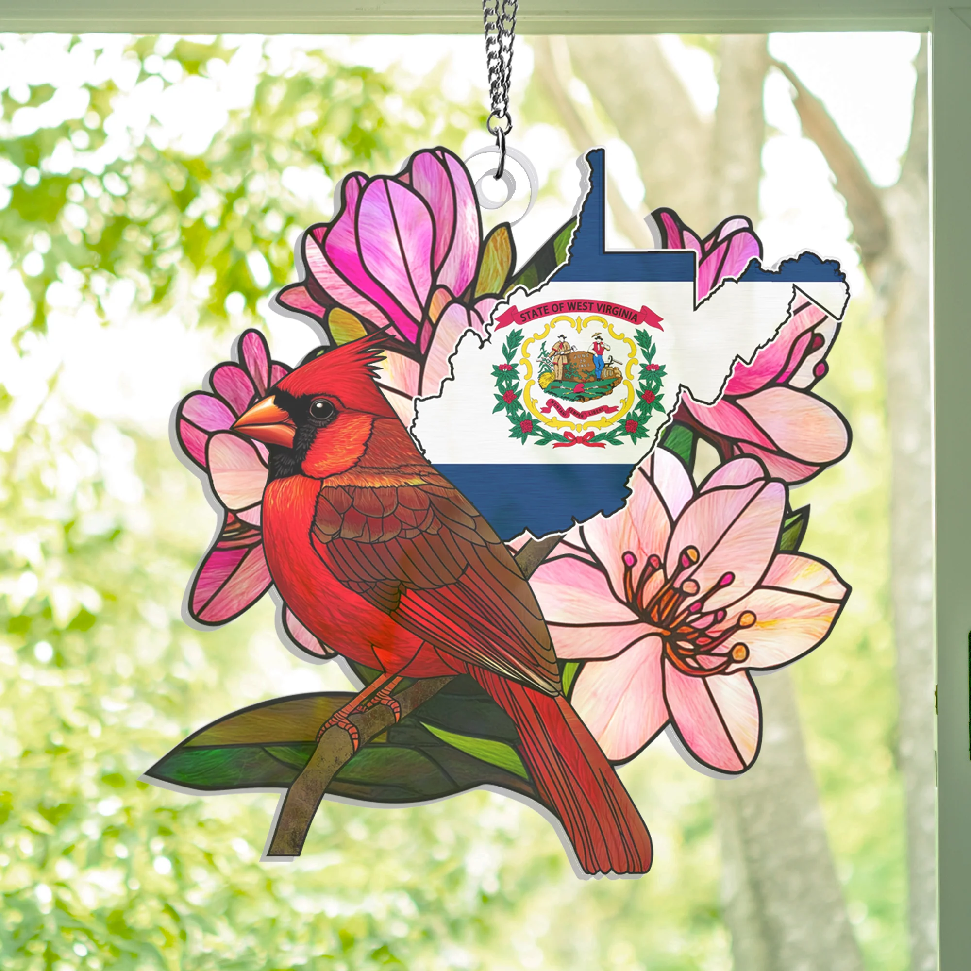 West Virginia With Cardinal Bird Suncatcher Acrylic Hanging