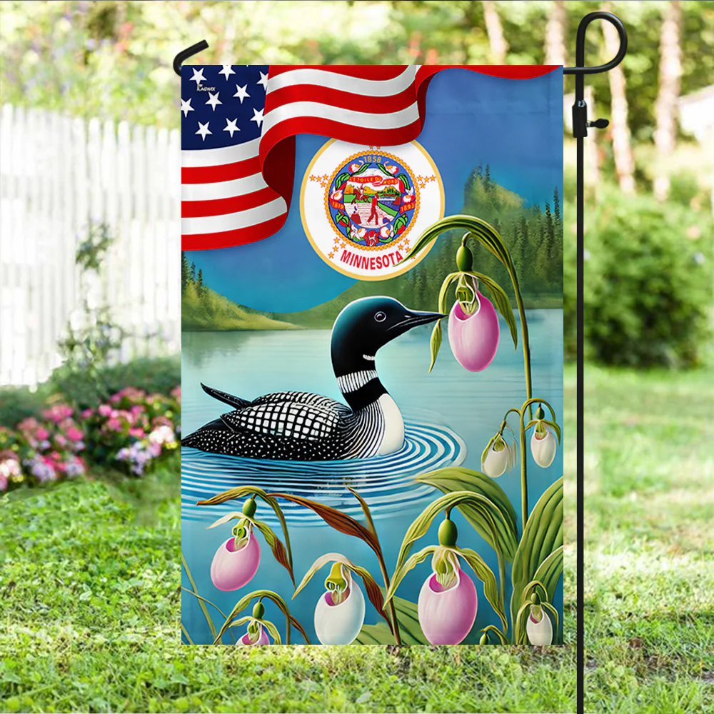 Minnesota State Lady's Slipper Flower and Loon American Flag
