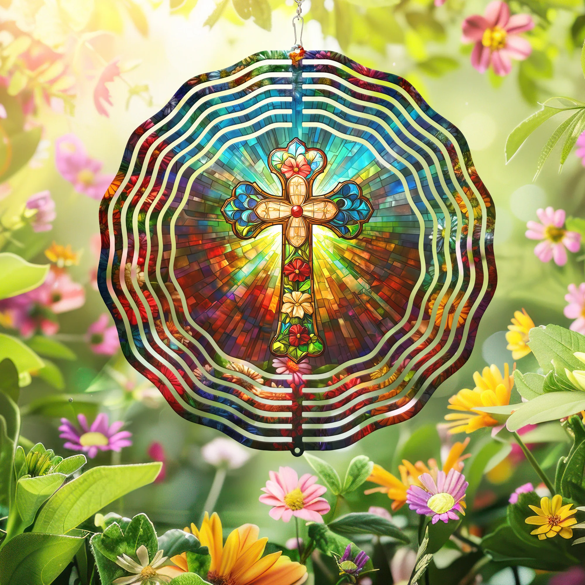 Christian Cross with Flowers Wind Spinner