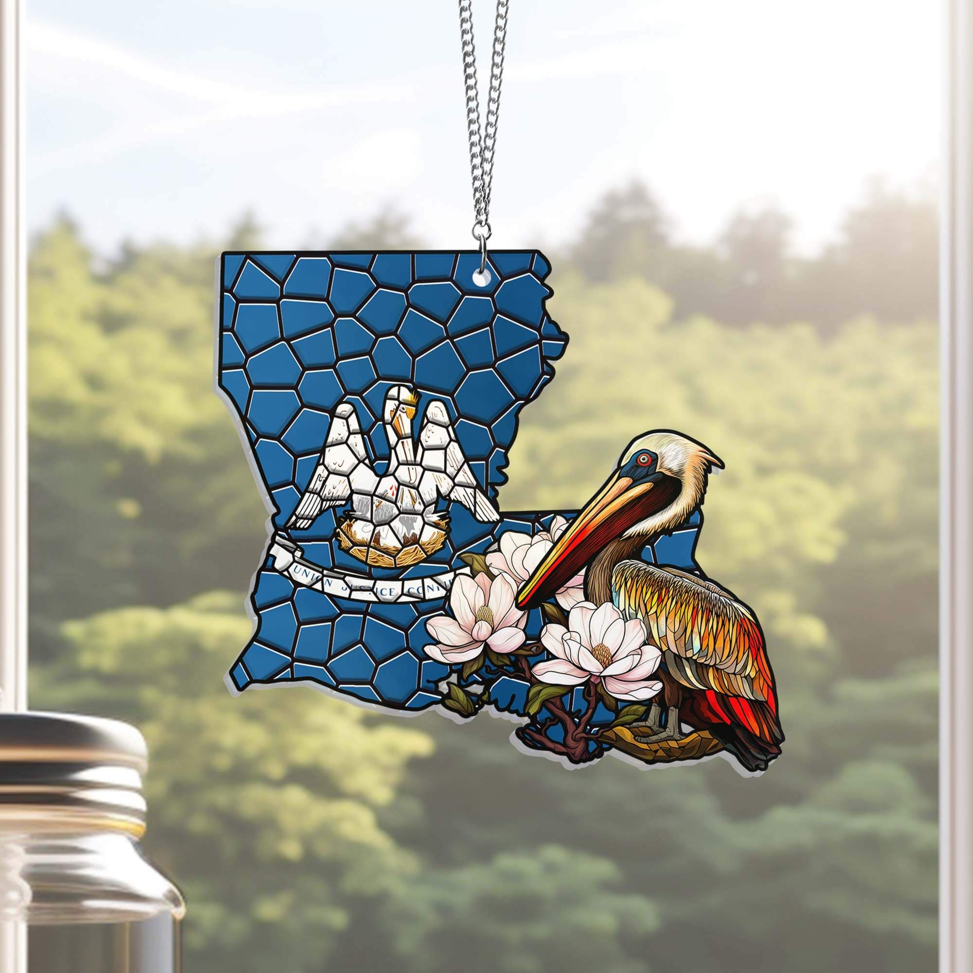 Louisiana Brown Pelican Bird and Magnolia Flower Suncatcher Acrylic Hanging