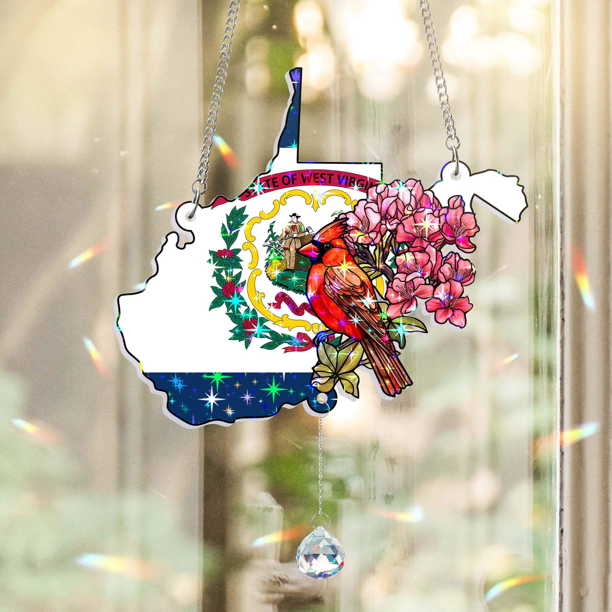 West Virginia Cardinal and Rhododendron Flower  Hologram Window Hanging