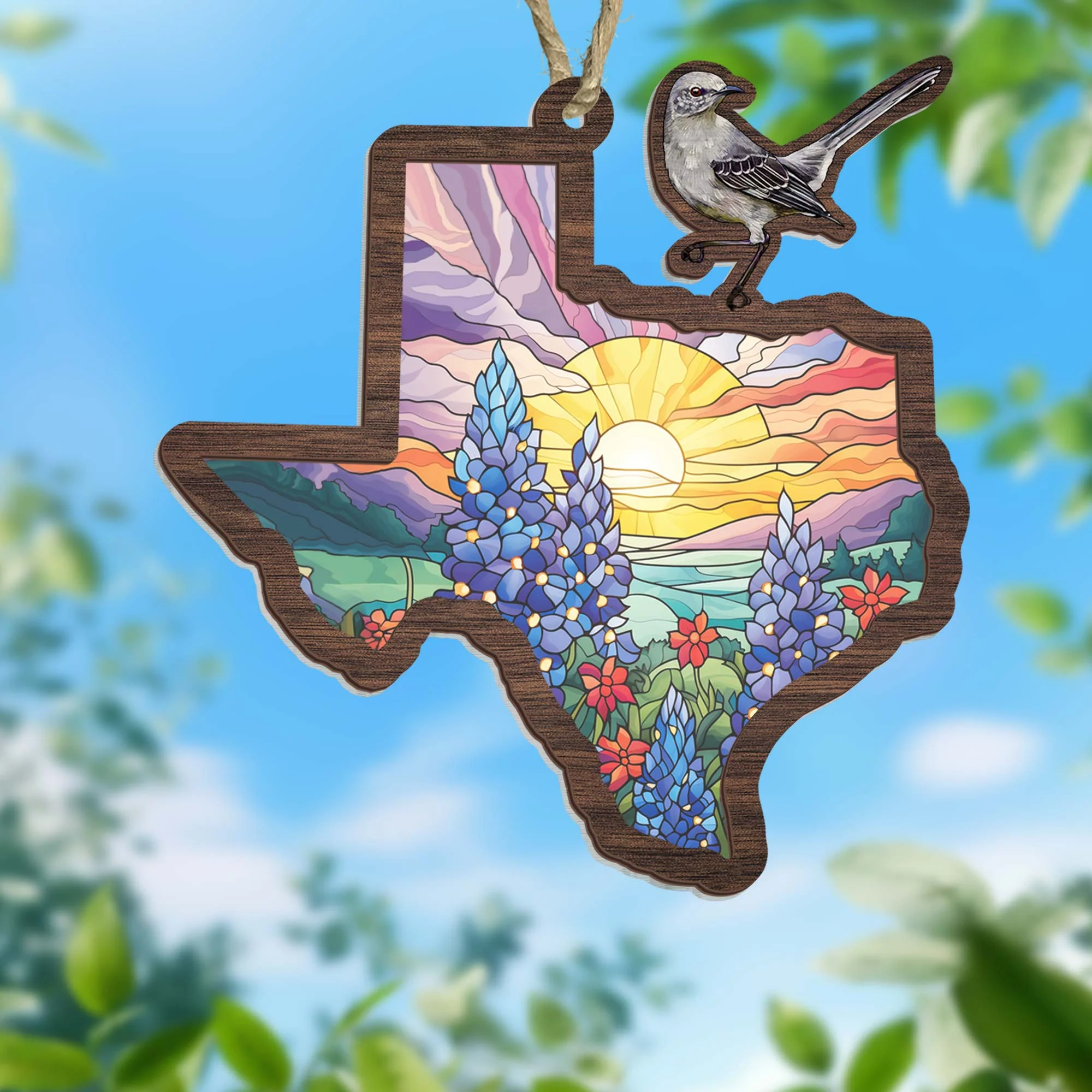 Christmas Ornament, Texas Suncatcher, Northern Mockingbird & Bluebonnet Design, Perfect Gift for Texas Pride & Home Decor 3-Day Shipping