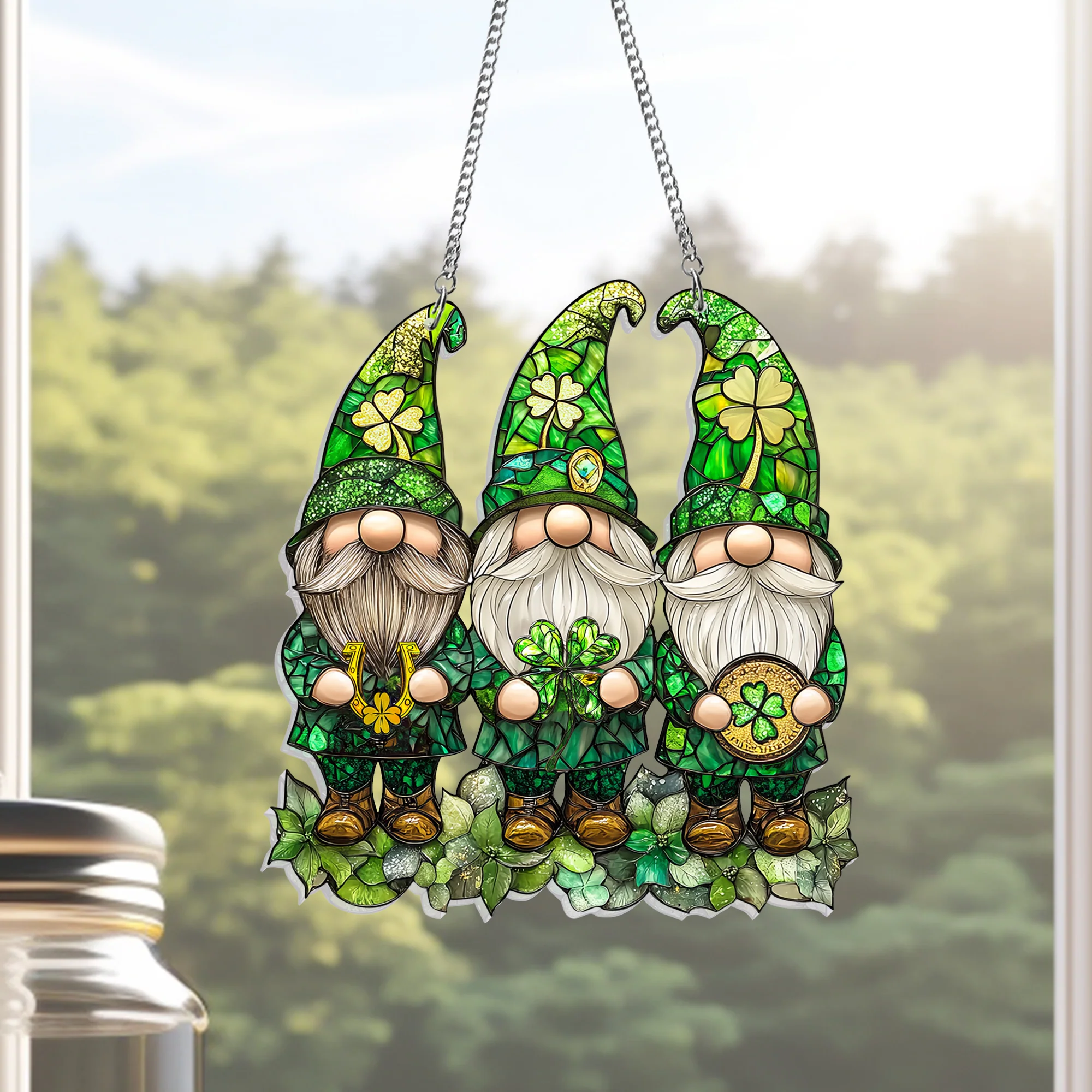 Irish Gnomes Happy St. Patrick's Day Shamrock Acrylic Suncatcher Hanging