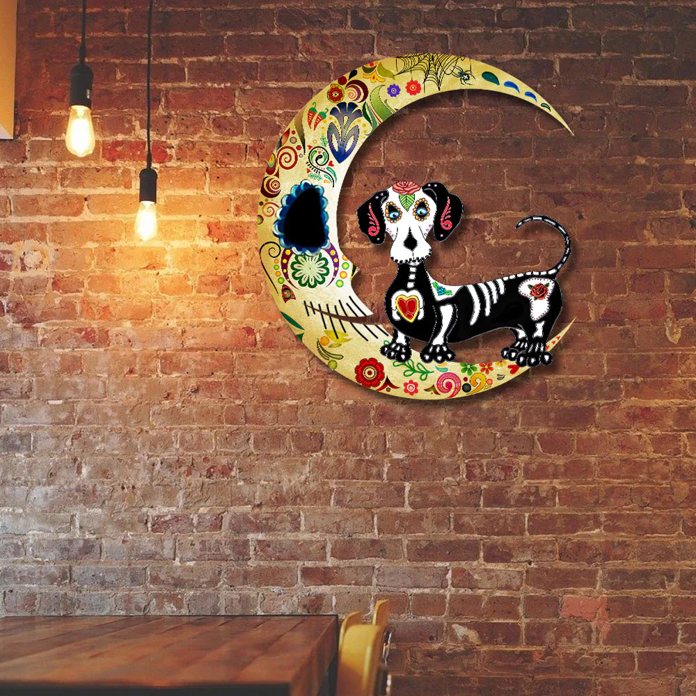 Dachshund Dog On The Moon Sugar Skull Hanging Metal Sign QNN678MSv4