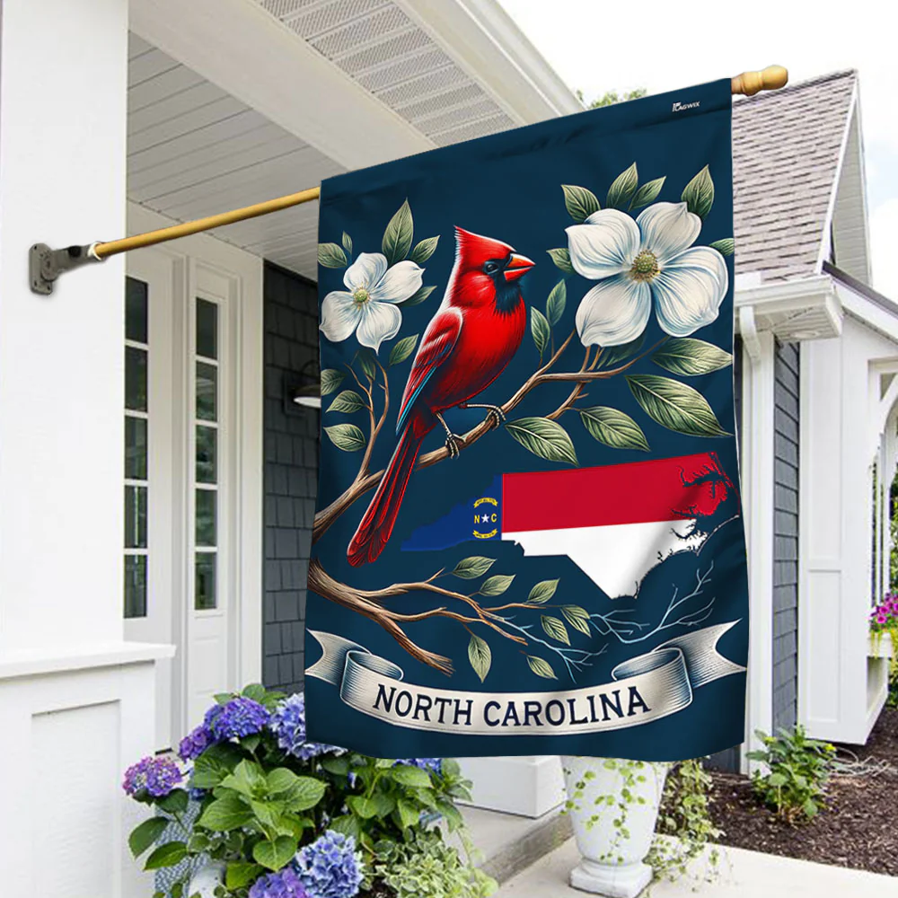 Bimipi  North Carolina Map Flag With Cardinal and Flowering Dogwood Flag