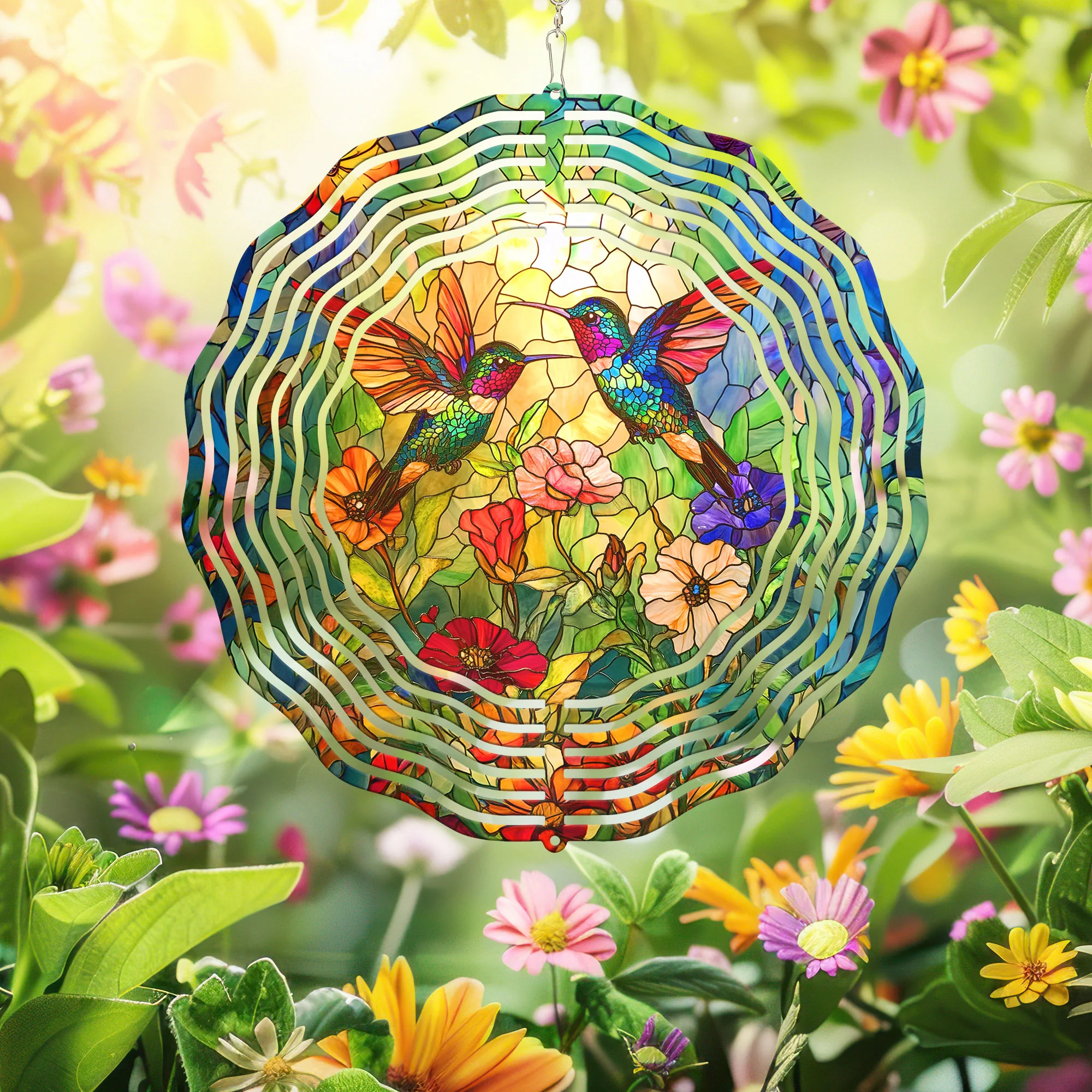 Hummingbirds In Flower Garden Hummingbird Wind Spinner