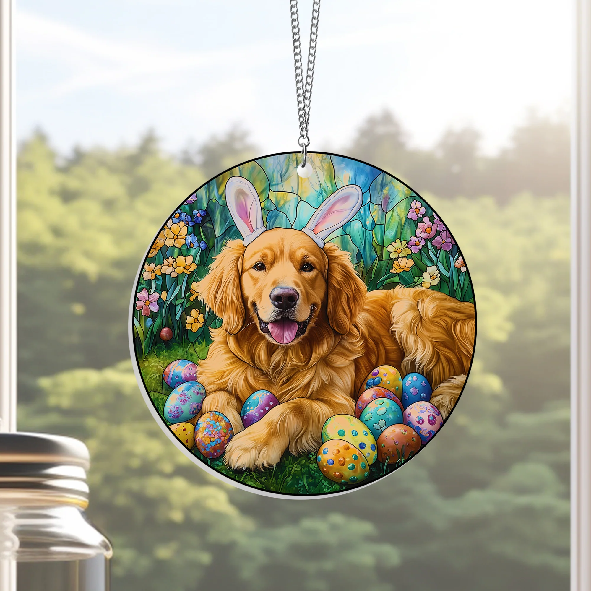Golden Retriever Easter Egg Hunt Acrylic Suncatcher Window Hanging