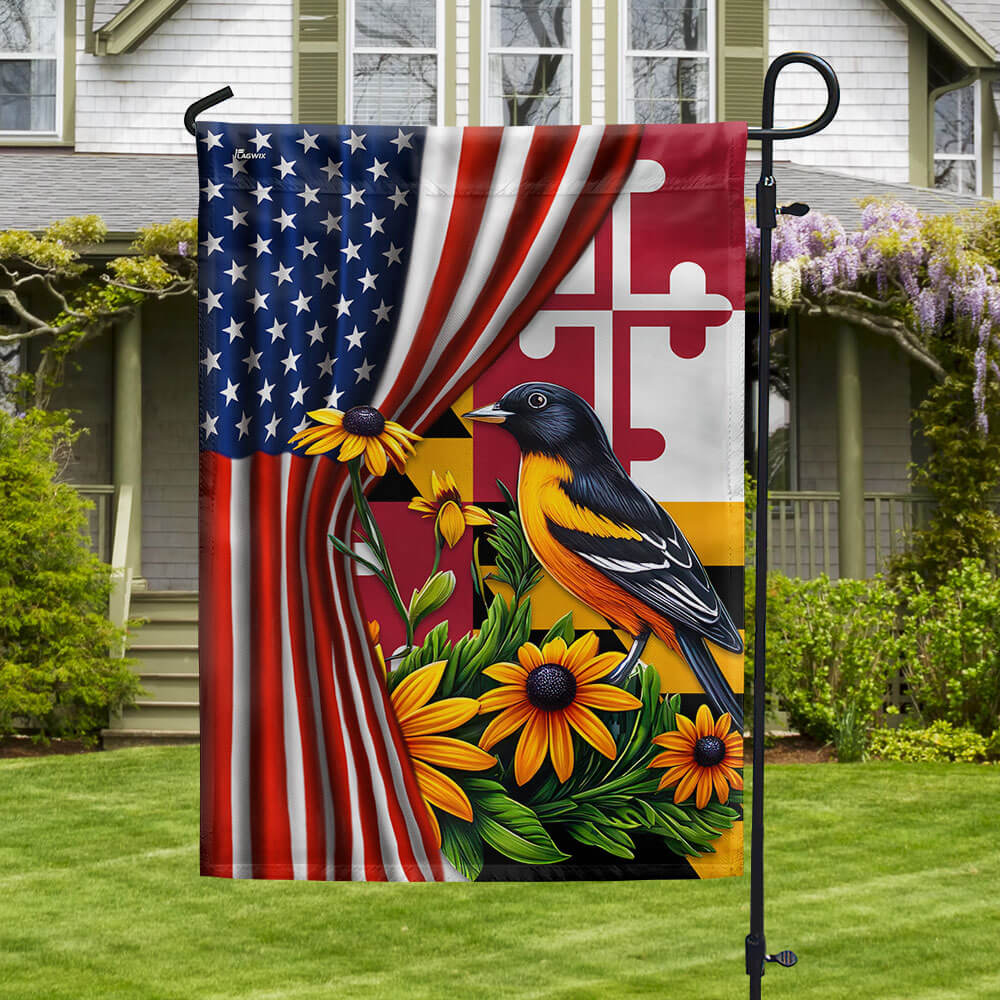 Maryland Baltimore Oriole Bird and Black-eyed Susan Flower American Flag