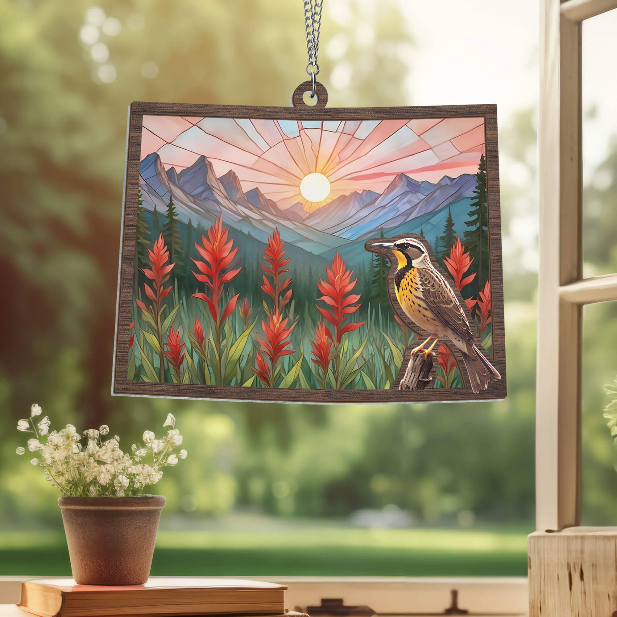 Wyoming Meadowlark Bird and Indian Paintbrush Flower 2 Layered Hanging Suncatcher TPT2163WHv2