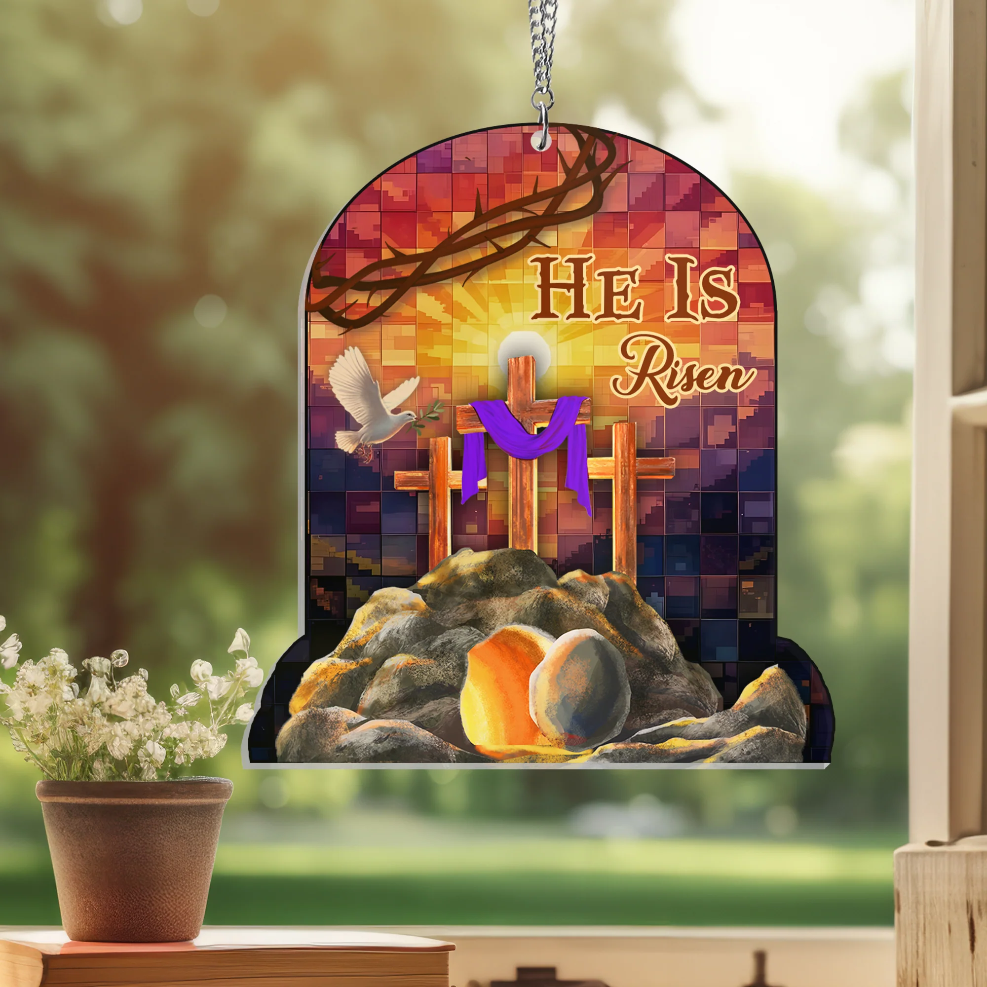 He Is Risen Easter Suncatcher Acrylic Hanging Sign