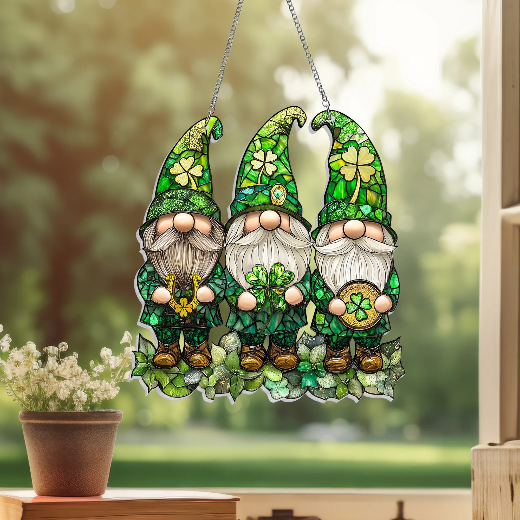 Irish Gnomes Happy St. Patrick's Day Shamrock Acrylic Suncatcher Hanging