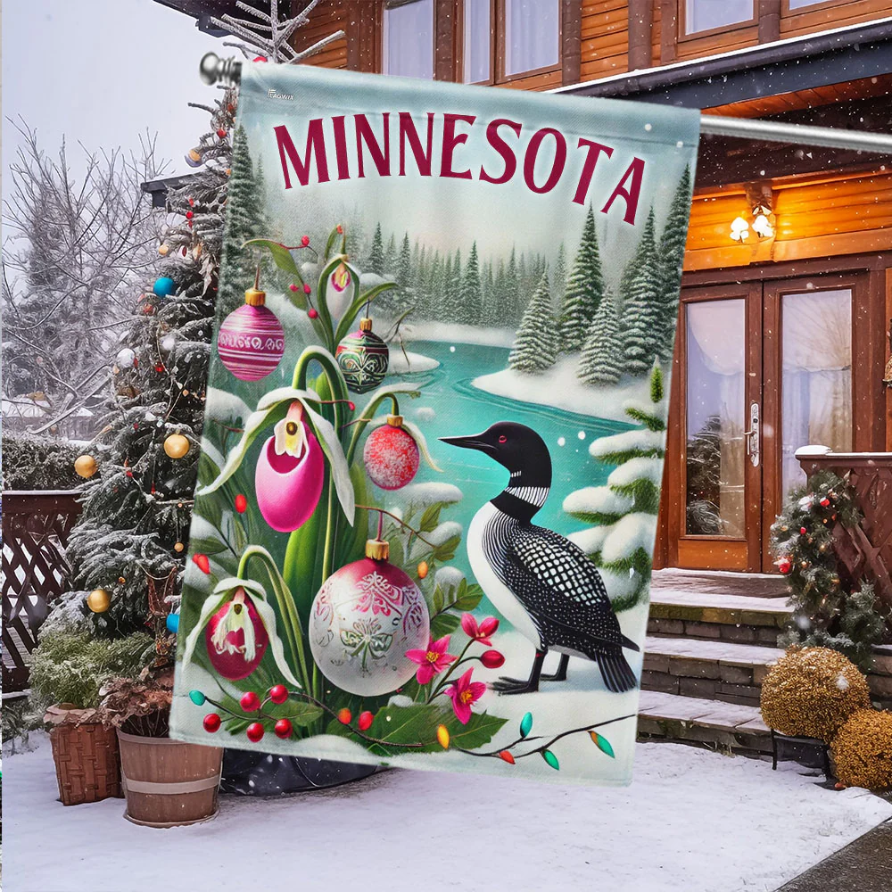 Minnesota Christmas Common Loon and Pink White Lady's Slipper Flag