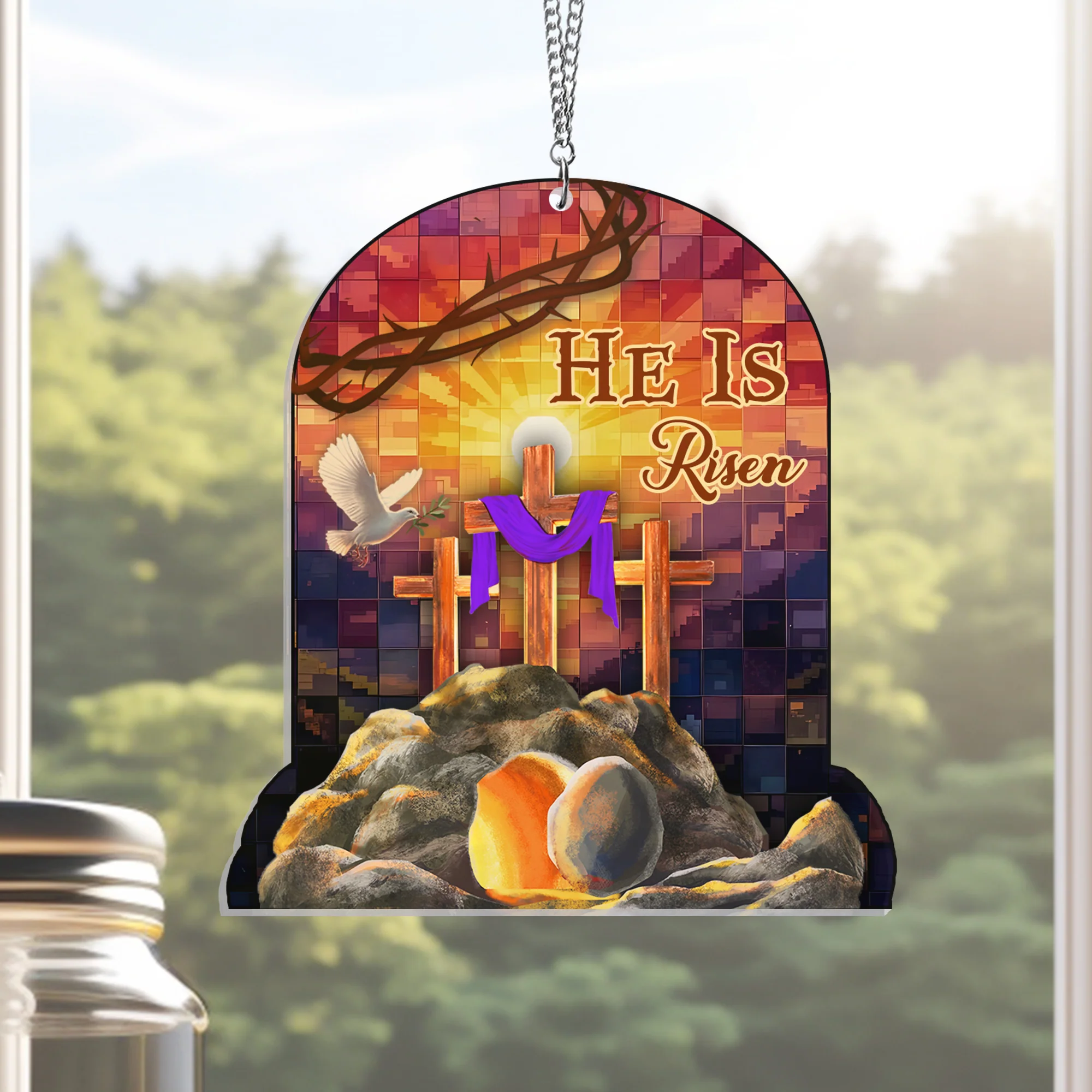 He Is Risen Easter Suncatcher Acrylic Hanging Sign