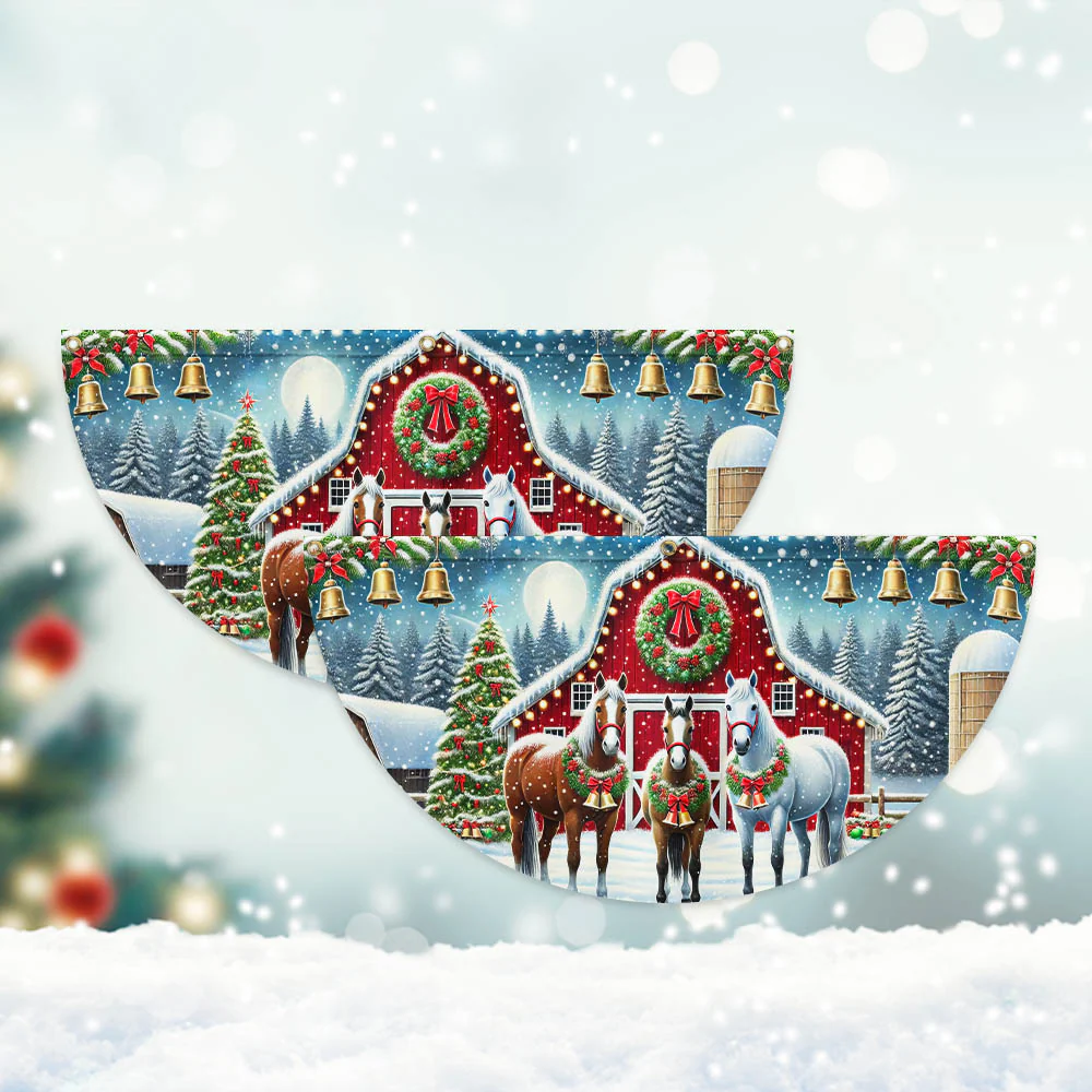 Horse Christmas Holiday Festive Farm Red Barn Non-Pleated Fan Flag