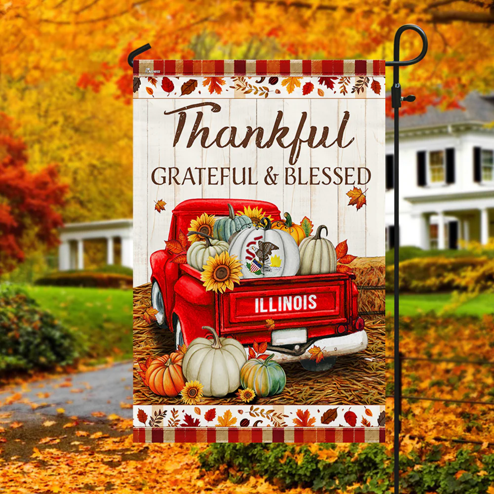 Illinois State Thankful Grateful And Blessed Pumpkins Thanksgiving Fall Illinois Flag TPT2167Fv1