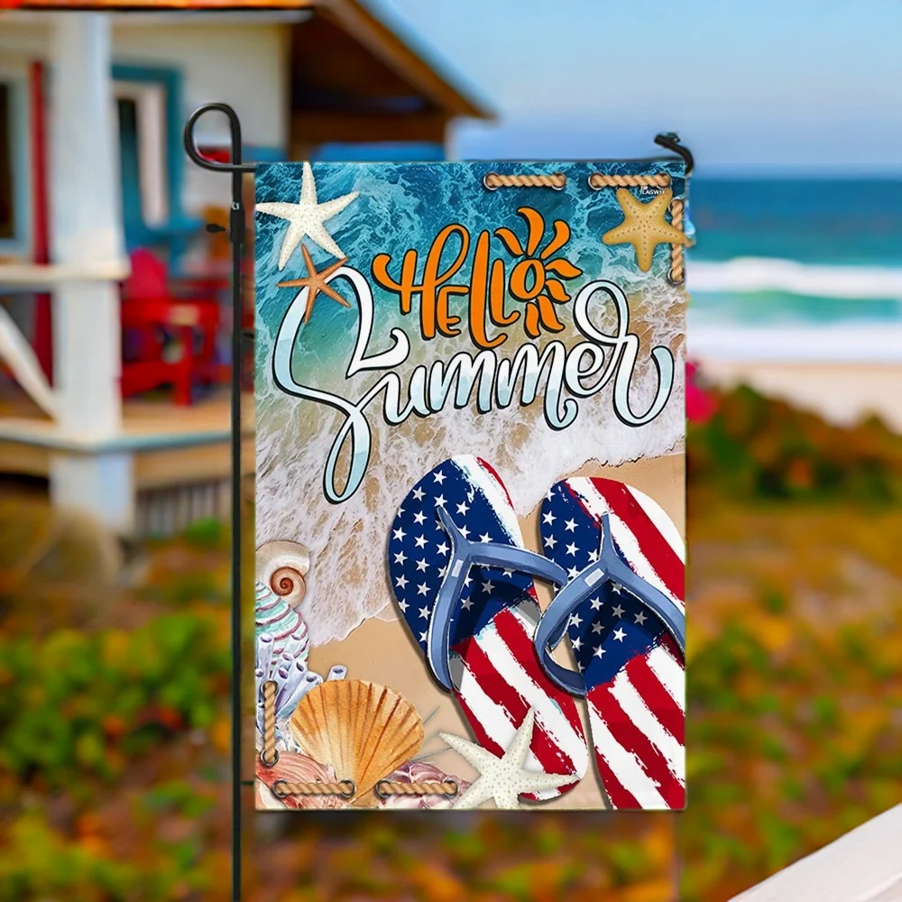 Hello Summer Flip Flops Beach American Flag