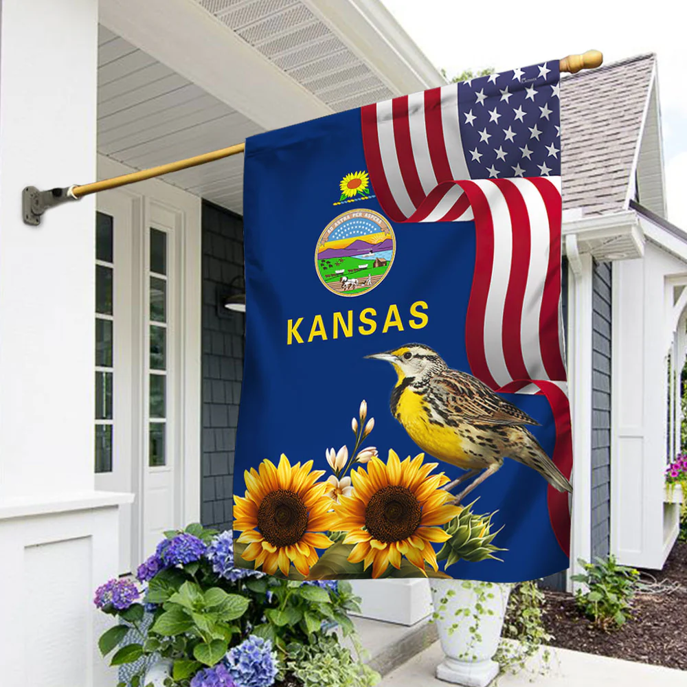 Kansas State Sunflower and Meadowlark Bird Flag MLN1141Fv5 3-Day Shipping