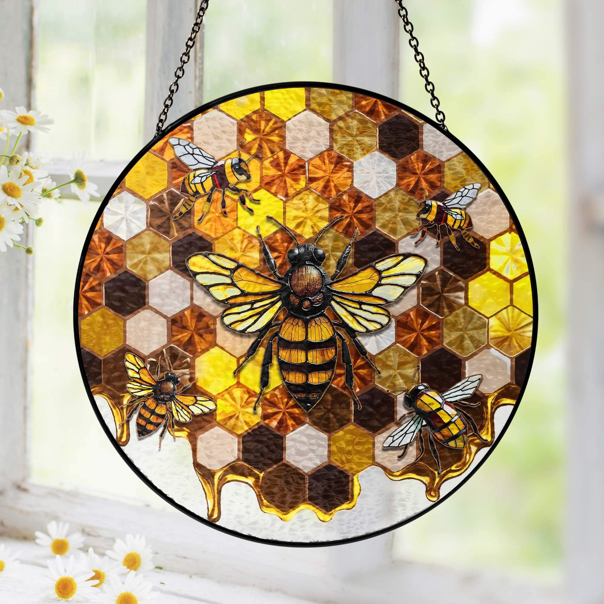 Honeycomb Bee Stained Glass Suncatcher