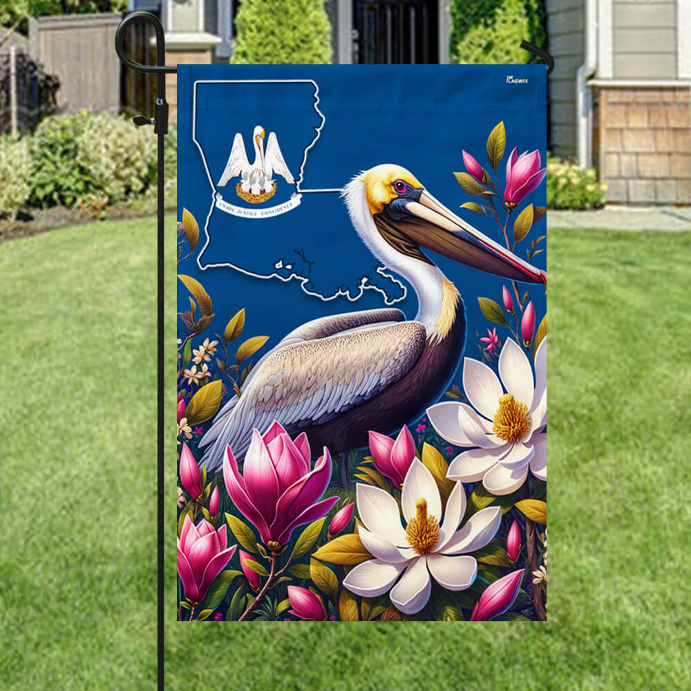 Bimipi Louisiana State Brown Pelican Bird and Magnolia Flower Flag
