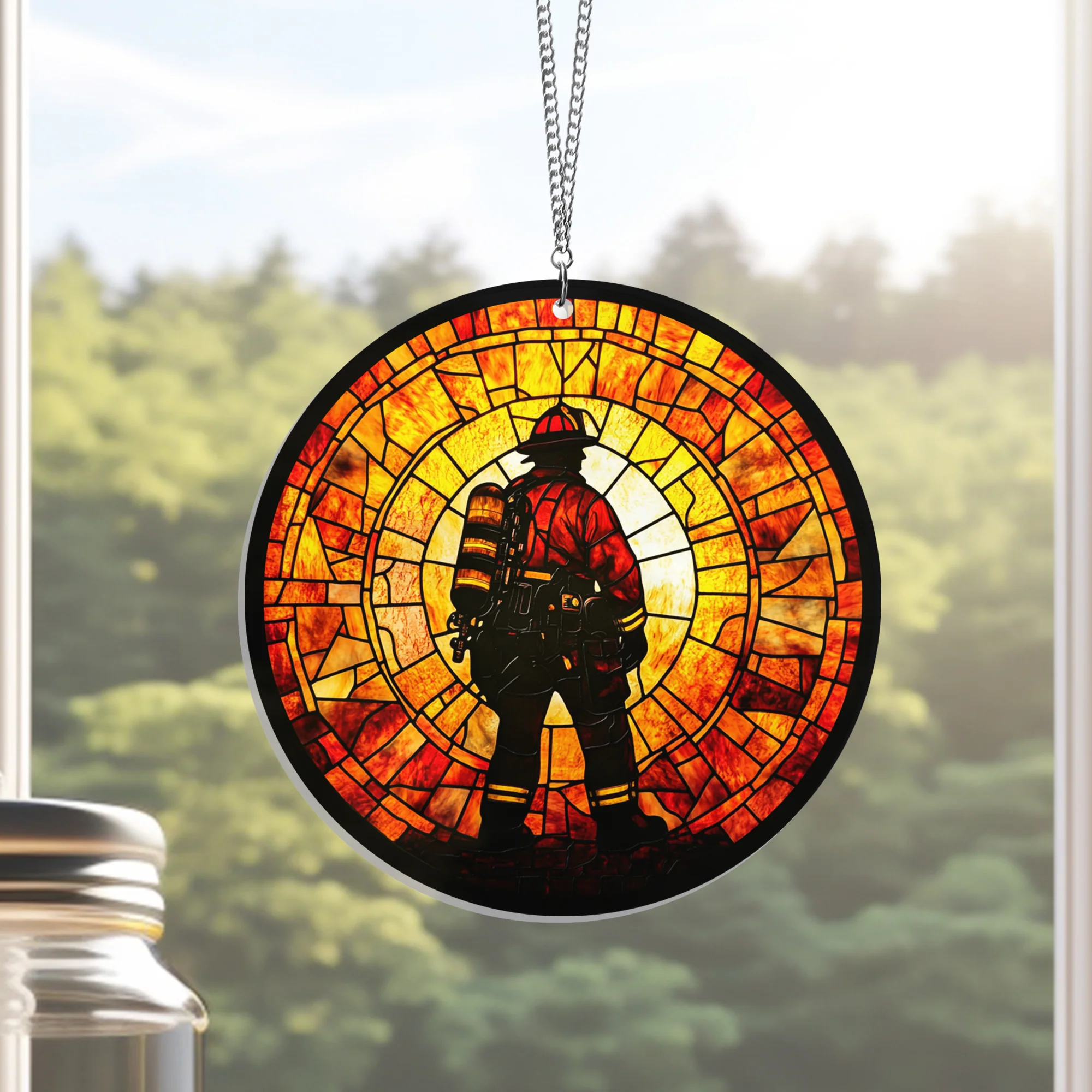 Firefighter Suncatcher 9/11 Memorial Acrylic Hanging Decor, Never Forget Hero Ornament, Patriotic Fireman Window Decoration For Patriot Day Tribute