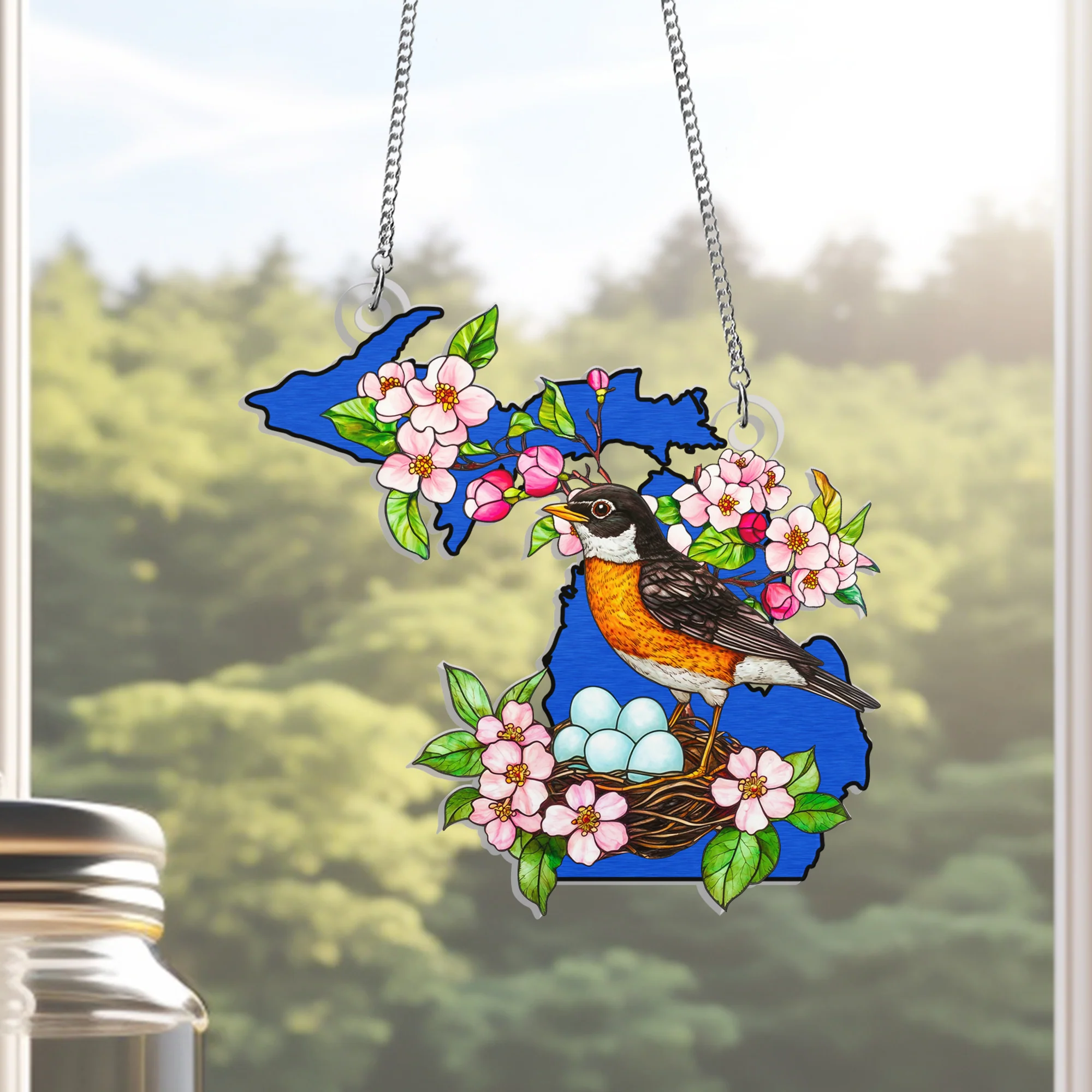 Michigan American Robin & Apple Blossom Suncatcher - Hanging Sign Gift for State Pride & Nature Enthusiasts