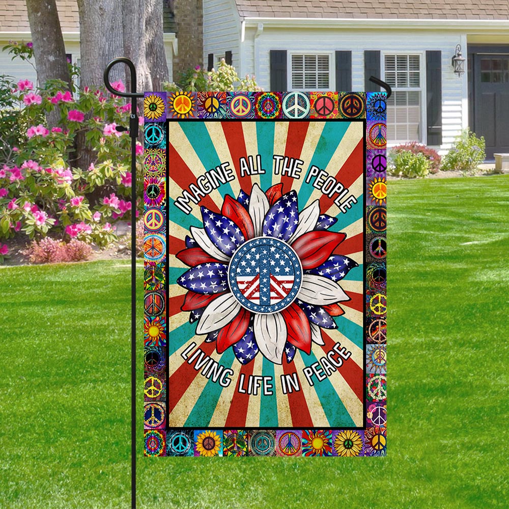 Hippie Peace Sign American Flag Imagine All The People Living Life In Peace