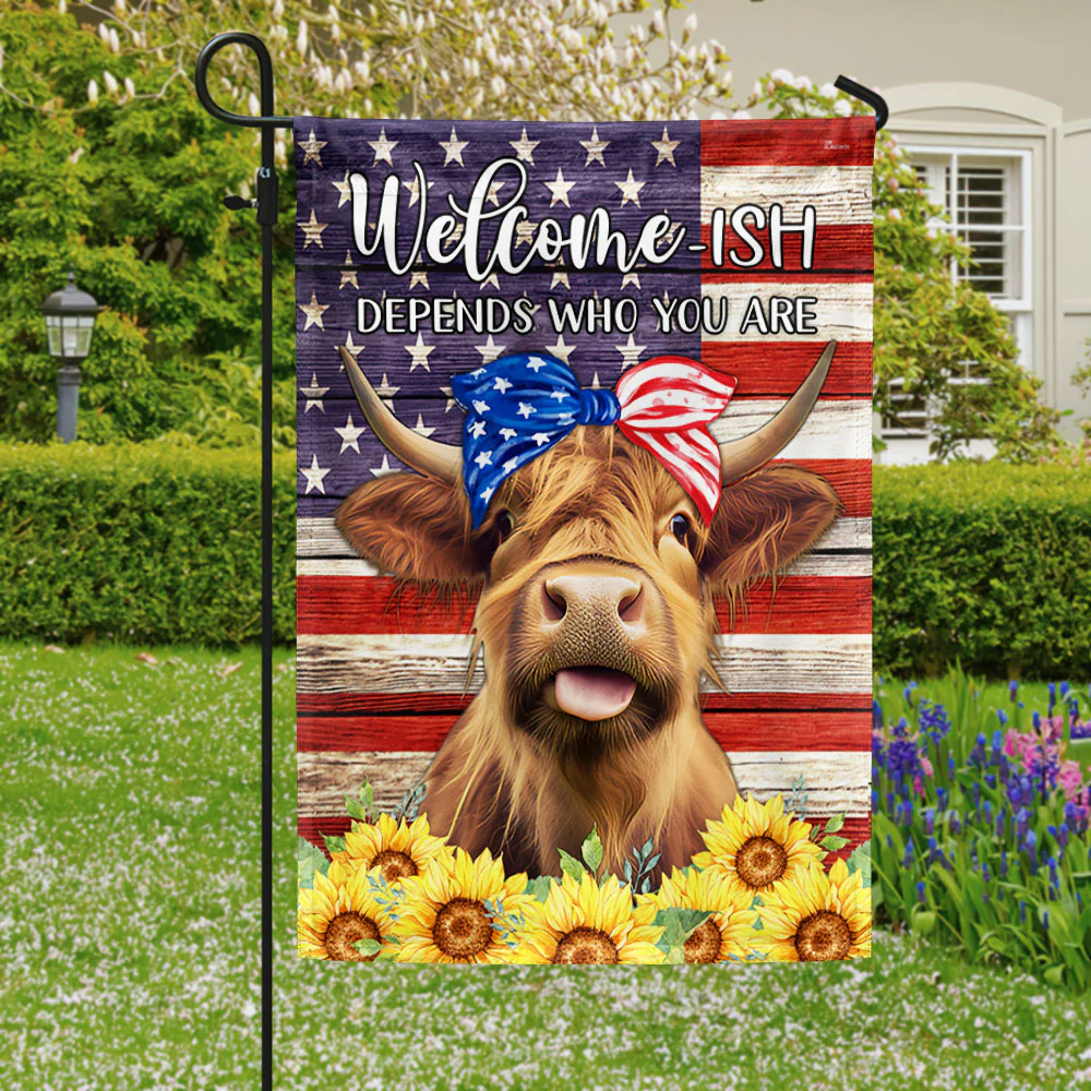Sunflower Highland Cow Welcome American Flag