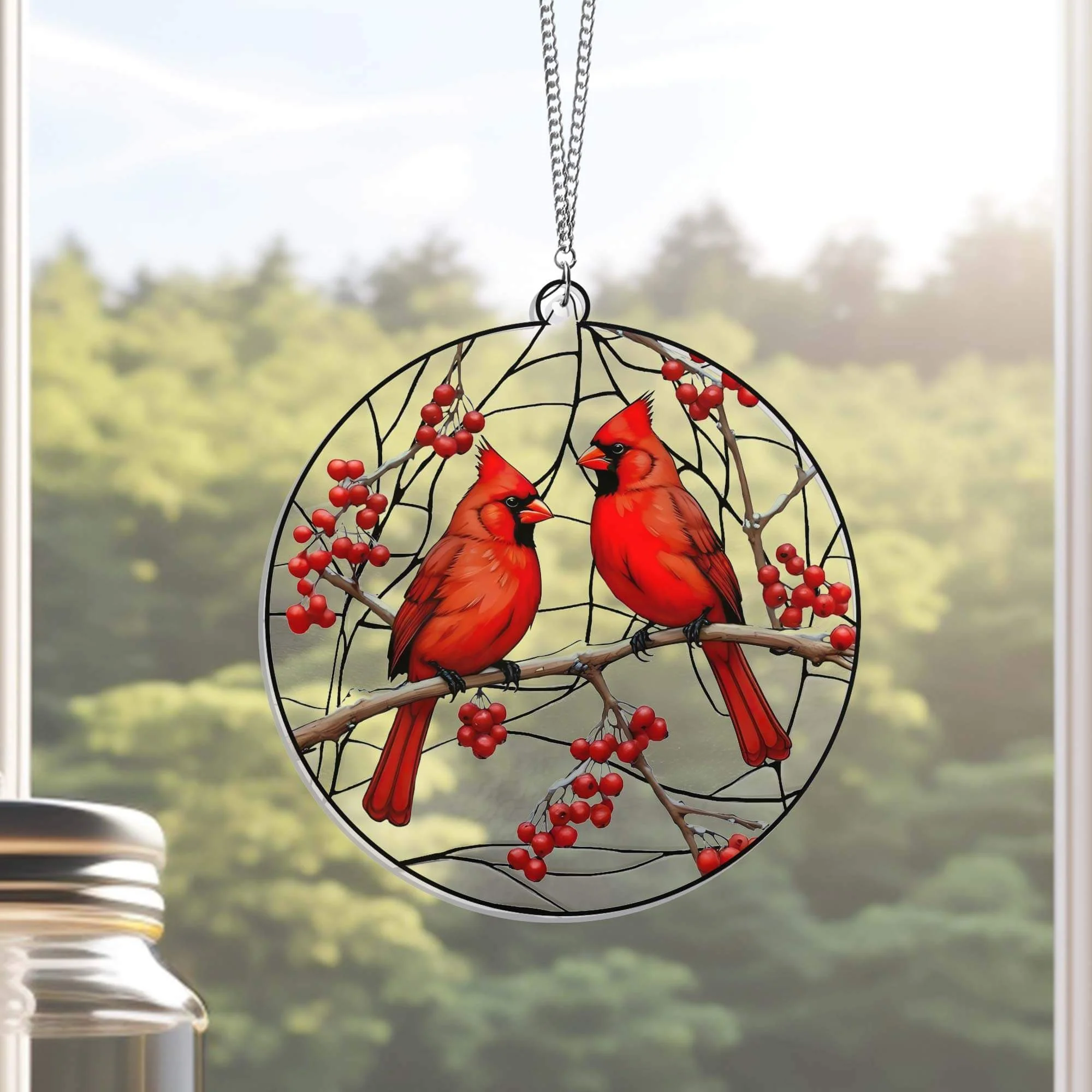 Cardinals On Red Berry Tree, Christmas Memorial Cardinal Suncatcher Acrylic Hanging