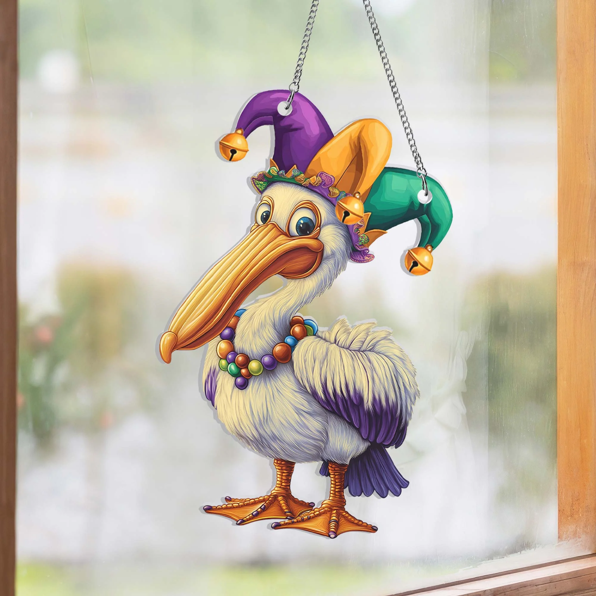 Pelican Mardi Gras Suncatcher Acrylic Hanging Sign