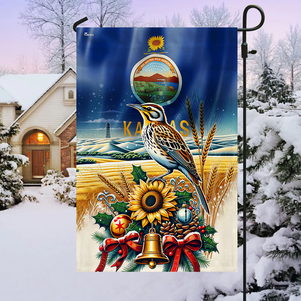 Kansas State Sunflower and Meadowlark Bird Winter Christmas Flag